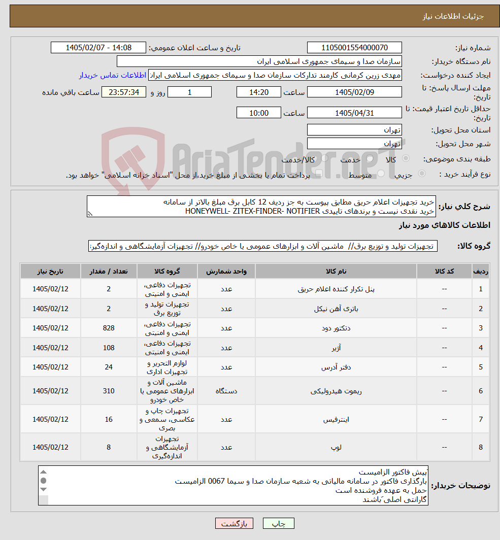 تصویر کوچک آگهی نیاز کالا-خرید تجهیزات اعلام حریق مطابق پیوست به جز ردیف 12 کابل برق مبلغ بالاتر از سامانه خرید نقدی نیست و برندهای تاییدی HONEYWELL- ZITEX-FINDER- NOTIFIER