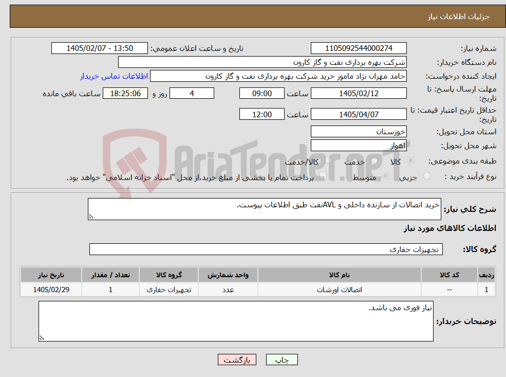 تصویر کوچک آگهی نیاز کالا-خرید اتصالات از سازنده داخلی و AVLنفت طبق اطلاعات پیوست.