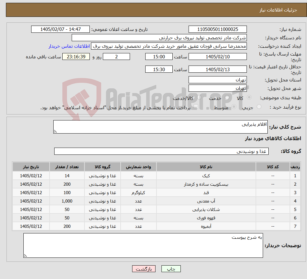 تصویر کوچک آگهی نیاز کالا-اقلام پذیرایی