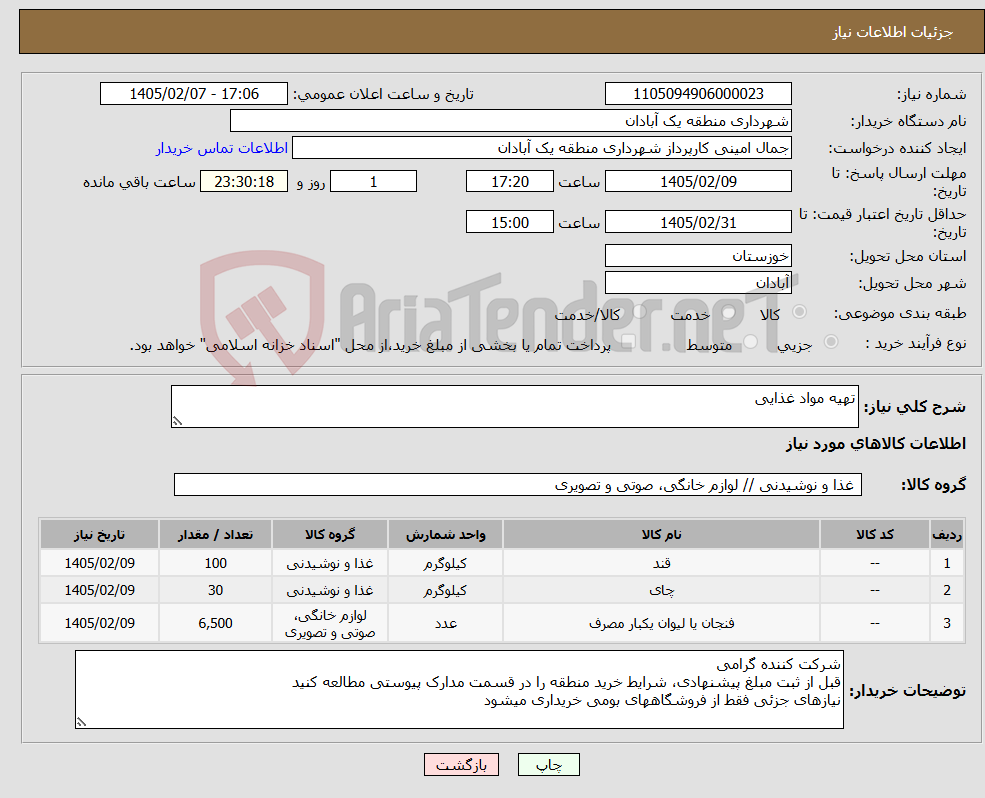 تصویر کوچک آگهی نیاز کالا-تهیه مواد غذایی
