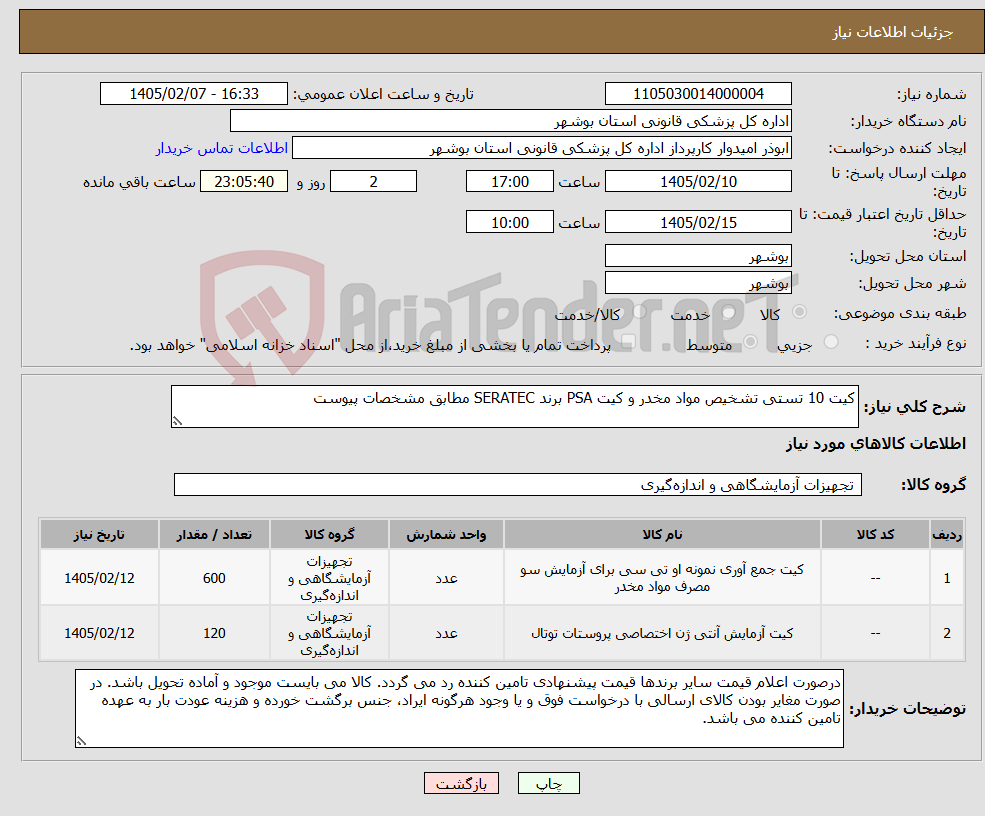 تصویر کوچک آگهی نیاز کالا-کیت 10 تستی تشخیص مواد مخدر و کیت PSA برند SERATEC مطابق مشخصات پیوست