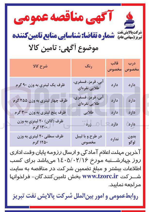 تصویر کوچک آگهی تامین ظرف سطلی 20 لیتری به وزن 1250 گرم
