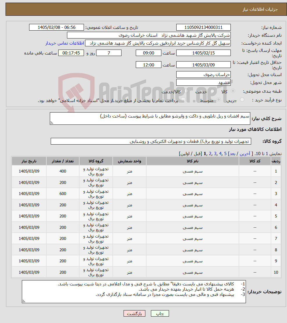 تصویر کوچک آگهی نیاز کالا-سیم افشان و ریل تابلویی و داکت و وایرشو مطابق با شرایط پیوست (ساخت داخل)