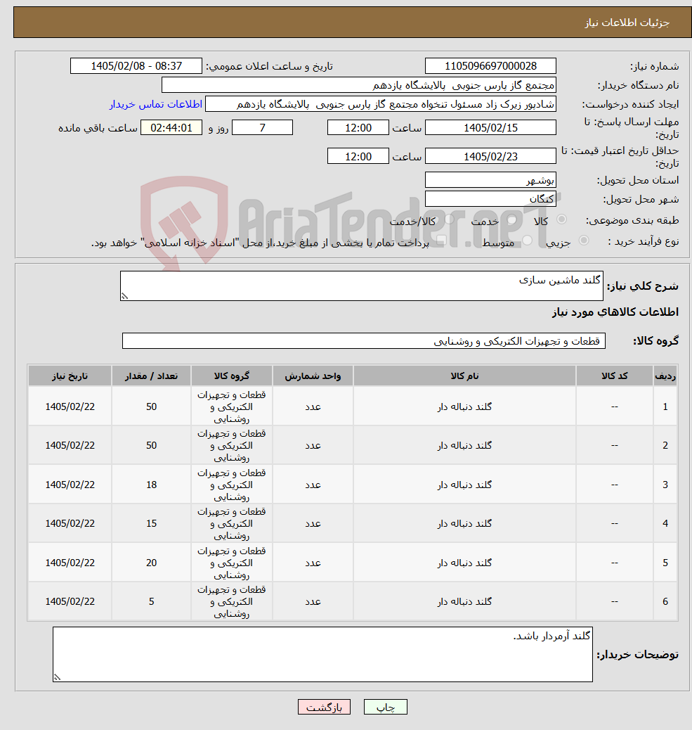 تصویر کوچک آگهی نیاز کالا-گلند ماشین سازی