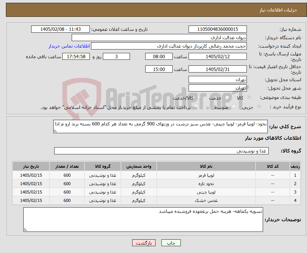 تصویر کوچک آگهی نیاز کالا-نخود- لوبیا قرمز- لوبیا چیتی- عدس سبز درشت در وزنهای 900 گرمی به تعداد هر کدام 600 بسته برند ارو م ادا