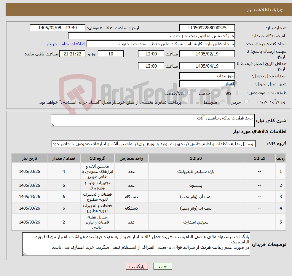 تصویر کوچک آگهی نیاز کالا-خرید قطعات یدکی ماشین آلات