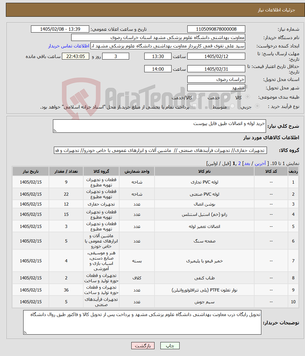 تصویر کوچک آگهی نیاز کالا-خرید لوله و اتصالات طبق فایل پیوست 