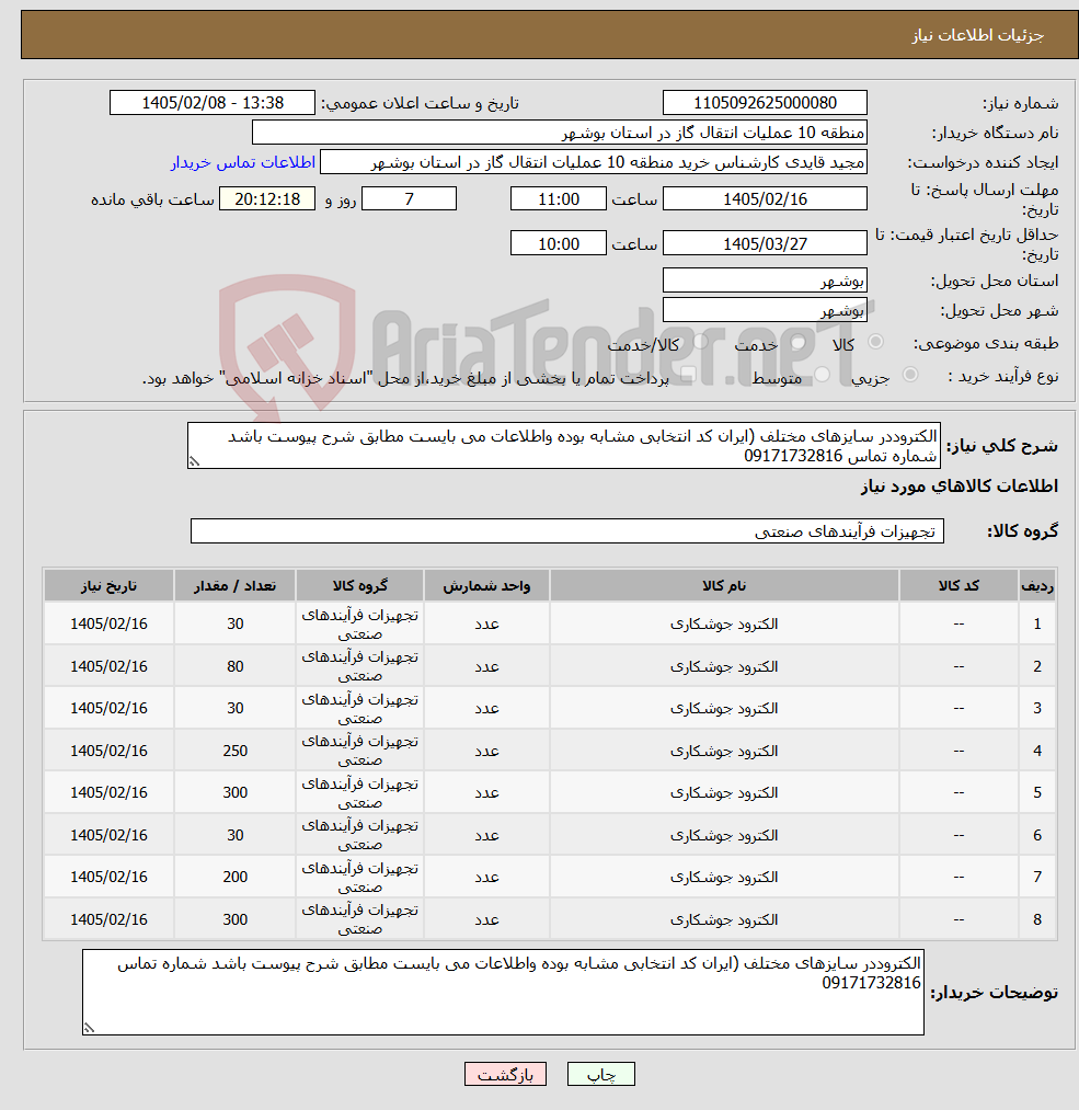 تصویر کوچک آگهی نیاز کالا-الکتروددر سایزهای مختلف (ایران کد انتخابی مشابه بوده واطلاعات می بایست مطابق شرح پیوست باشد شماره تماس 09171732816