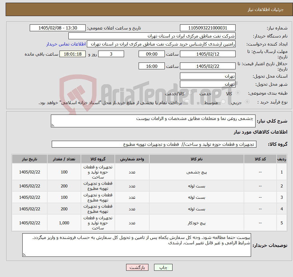 تصویر کوچک آگهی نیاز کالا- چشمی روغن نما و متعلقات مطابق مشخصات و الزامات پیوست