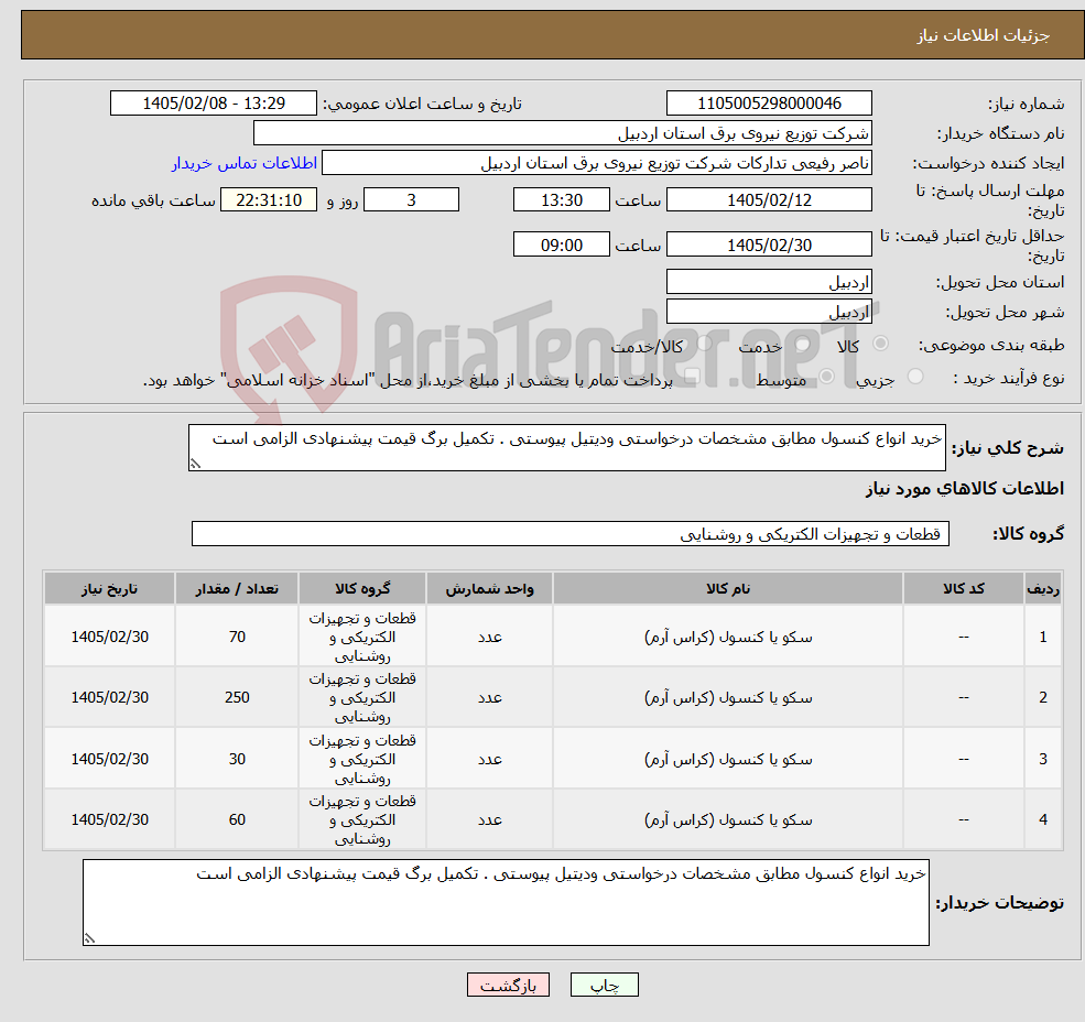 تصویر کوچک آگهی نیاز کالا-خرید انواع کنسول مطابق مشخصات درخواستی ودیتیل پیوستی . تکمیل برگ قیمت پیشنهادی الزامی است 