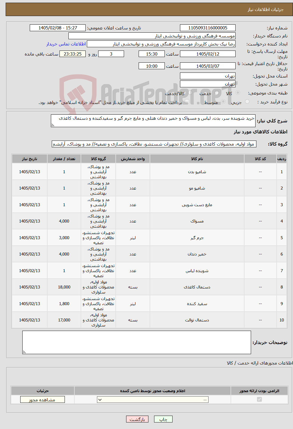تصویر کوچک آگهی نیاز کالا-خرید شوینده سر، بدن،‌ لباس و مسواک و خمیر دندان هتلی و مایع جرم گیر و سفیدکننده و دستمال کاغذی