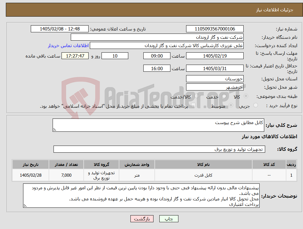 تصویر کوچک آگهی نیاز کالا-کابل مطابق شرح پیوست
