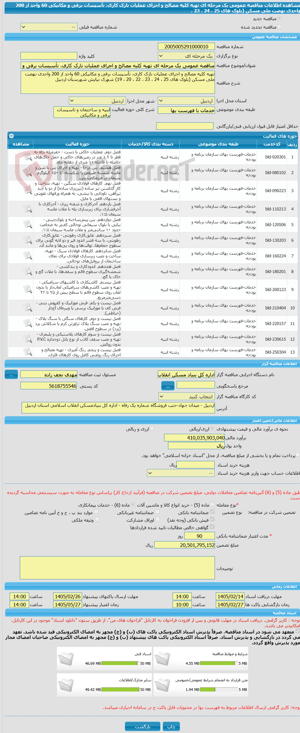 تصویر کوچک آگهی مناقصه عمومی یک مرحله ای تهیه کلیه مصالح و اجرای عملیات نازک کاری، تأسیسات برقی و مکانیکی 60 واحد از 200 واحدی نهضت ملی مسکن (بلوک های 25 ، 24 ، 23 ،