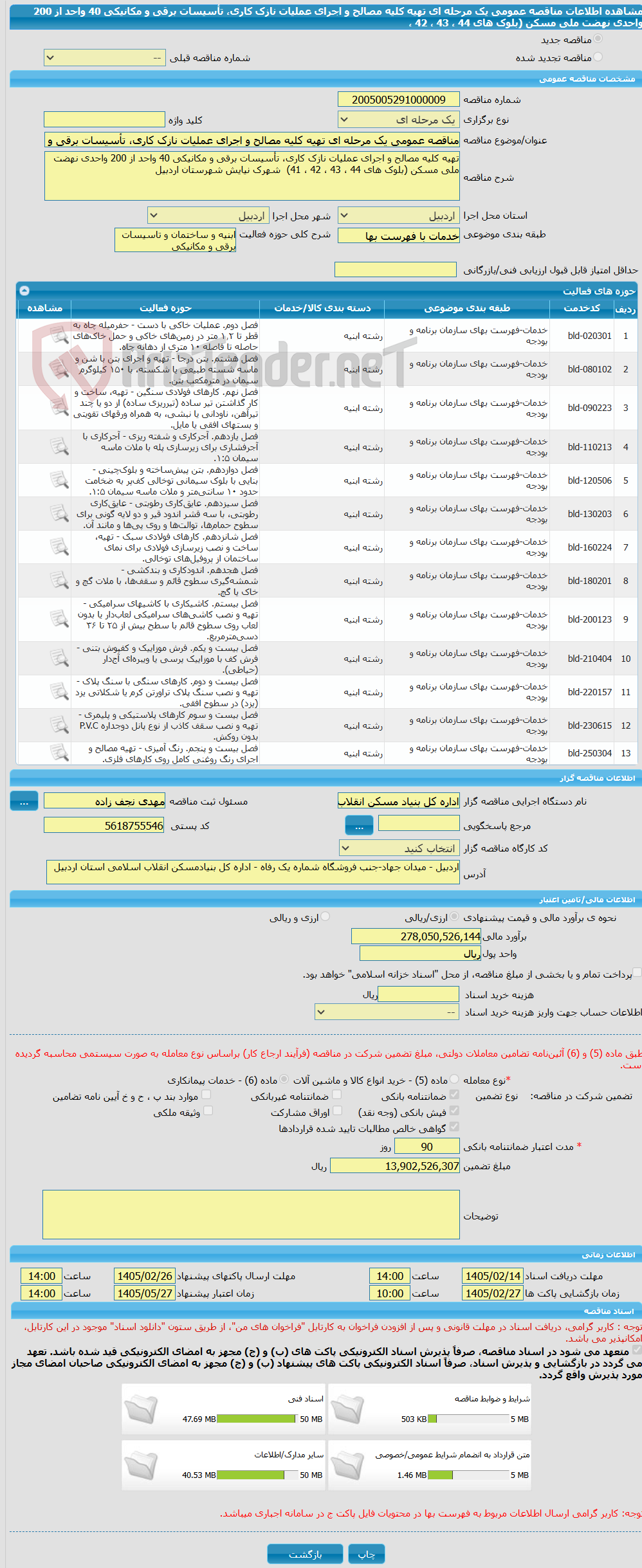 تصویر کوچک آگهی مناقصه عمومی یک مرحله ای تهیه کلیه مصالح و اجرای عملیات نازک کاری، تأسیسات برقی و مکانیکی 40 واحد از 200 واحدی نهضت ملی مسکن (بلوک های 44 ، 43 ، 42 ، 