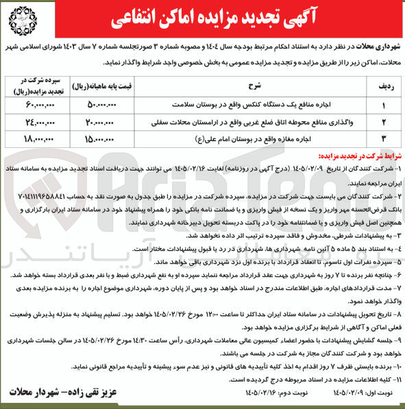 تصویر کوچک آگهی اجاره اماکن انتفاعی