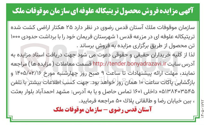 تصویر کوچک آگهی فروش محصول تریتیکاله علوفه ای