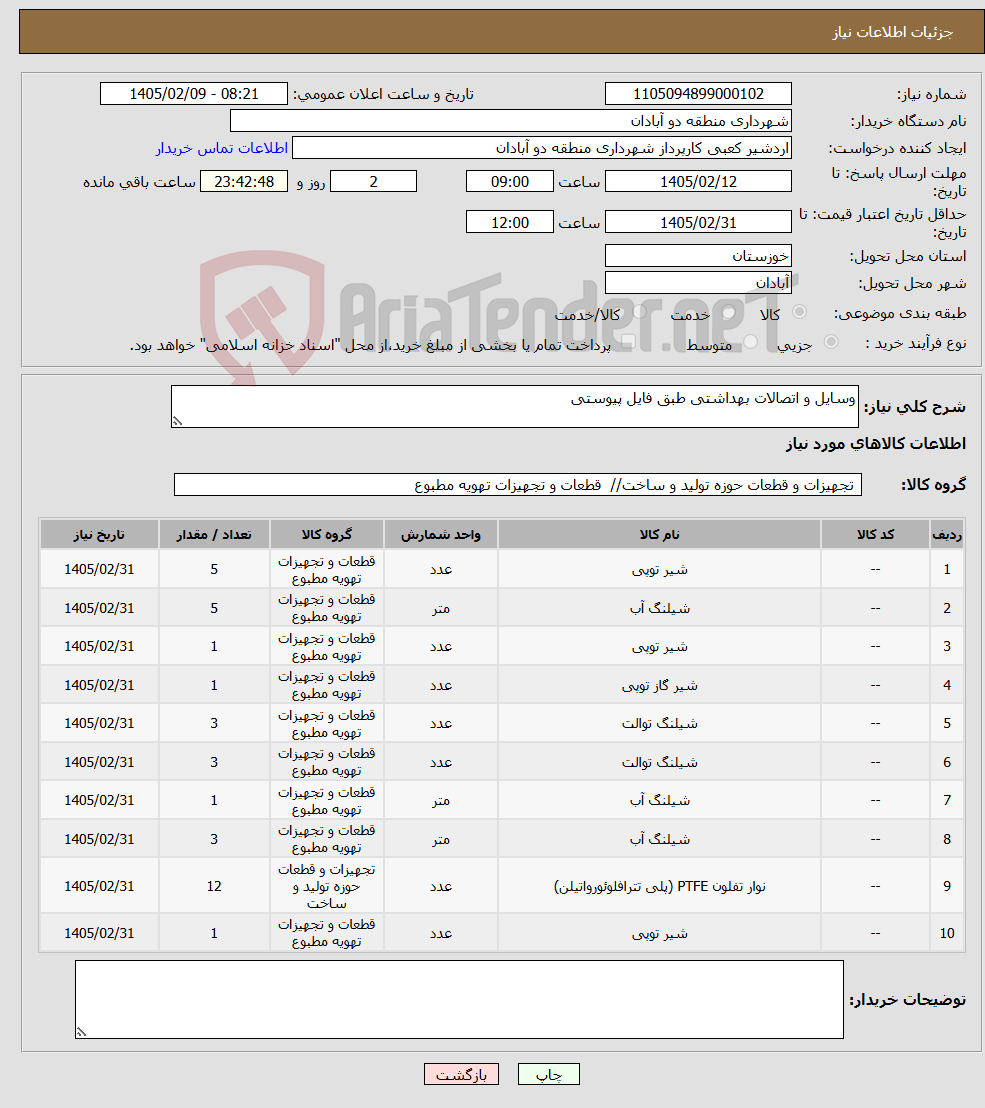 تصویر کوچک آگهی نیاز کالا-وسایل و اتصالات بهداشتی طبق فایل پیوستی