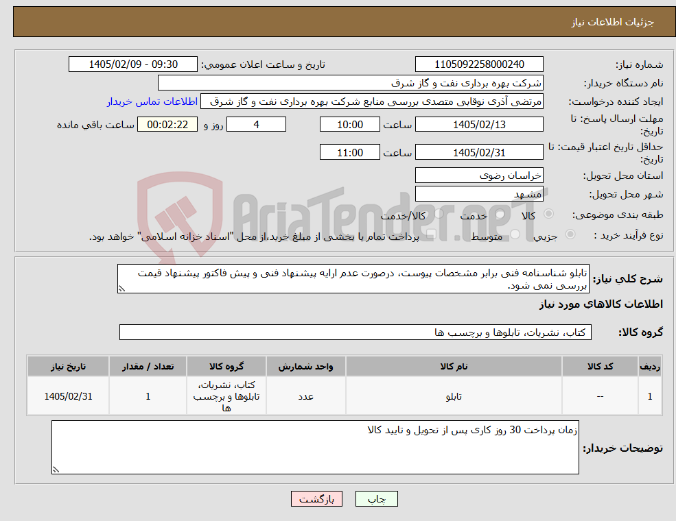 تصویر کوچک آگهی نیاز کالا-تابلو شناسنامه فنی برابر مشخصات پیوست، درصورت عدم ارایه پیشنهاد فنی و پیش فاکتور پیشنهاد قیمت بررسی نمی شود.