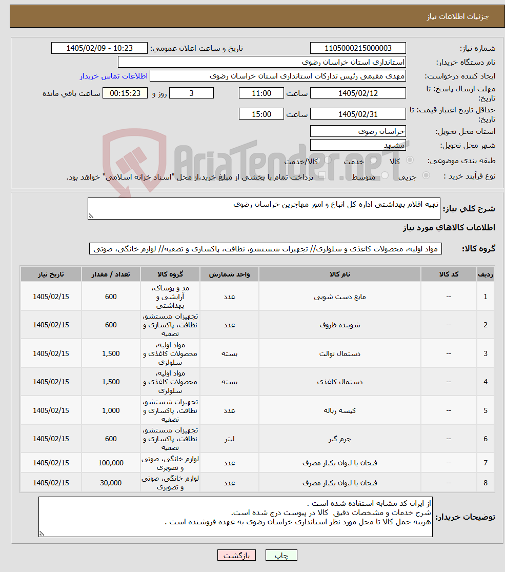 تصویر کوچک آگهی نیاز کالا-تهیه اقلام بهداشتی اداره کل اتباع و امور مهاجرین خراسان رضوی