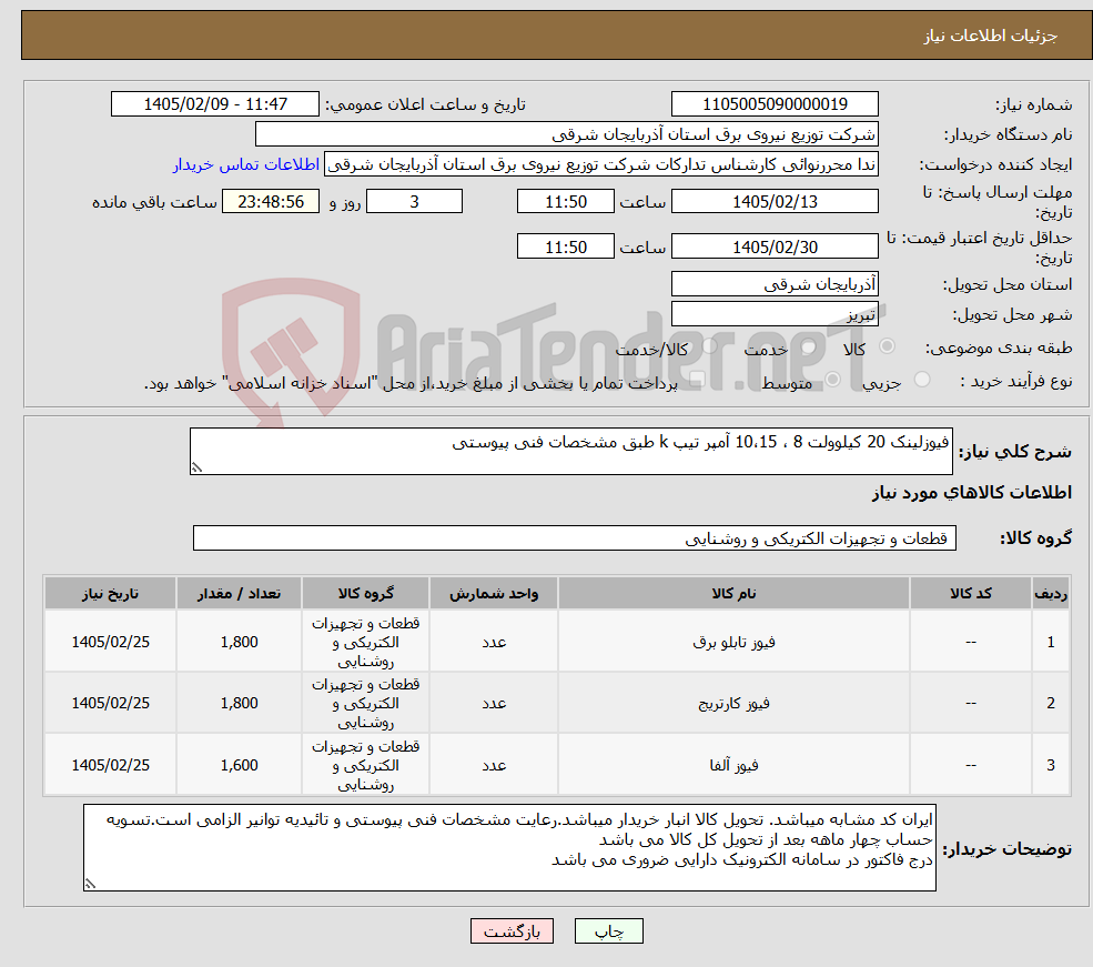 تصویر کوچک آگهی نیاز کالا-فیوزلینک 20 کیلوولت 8 ، 10،15 آمپر تیپ k طبق مشخصات فنی پیوستی