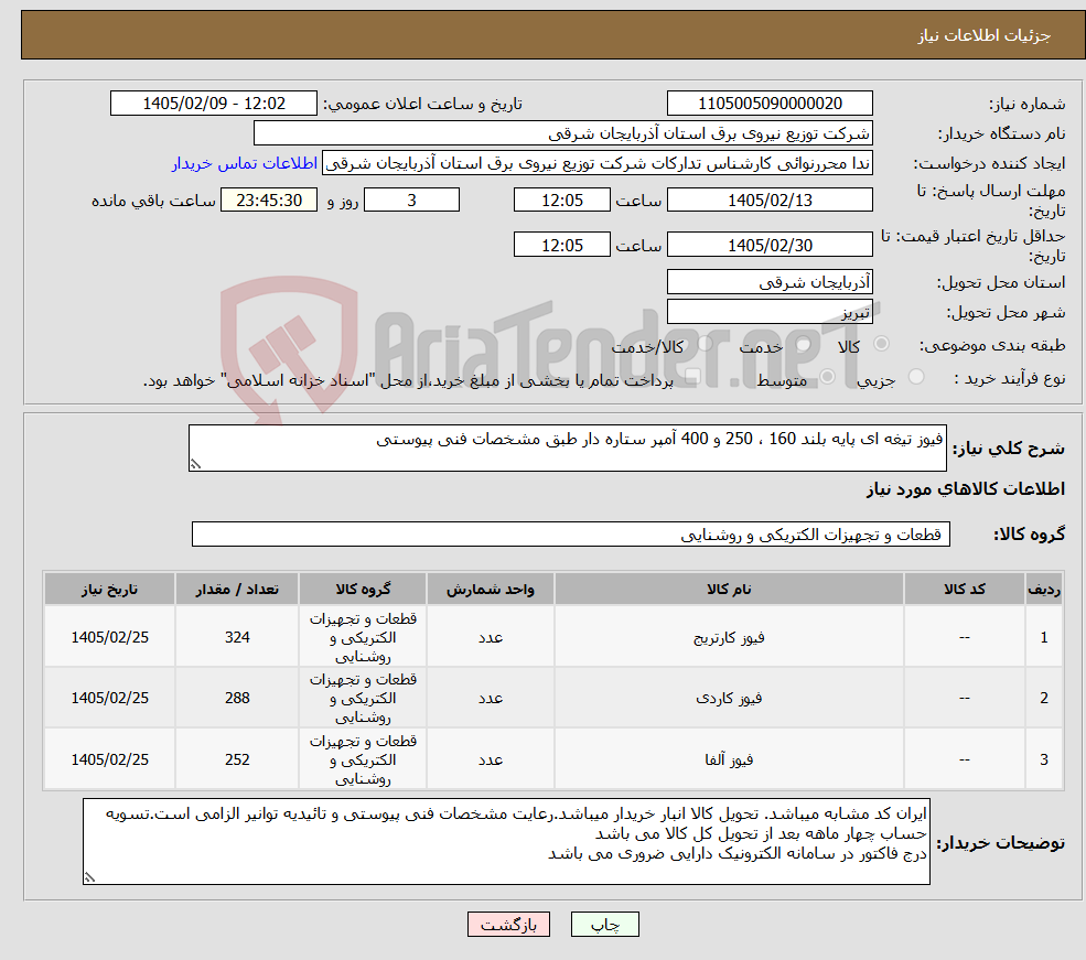 تصویر کوچک آگهی نیاز کالا-فیوز تیغه ای پایه بلند 160 ، 250 و 400 آمپر ستاره دار طبق مشخصات فنی پیوستی