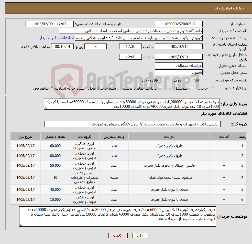 تصویر کوچک آگهی نیاز کالا-ظرف فوم غذا تک پرس 60000/ظرف خورشتی دربدار 80000/قاشق مقاوم یکبار مصرف 50000/سلفون با کیفیت 1000متری 10 عددلیوان یکبار مصرف40000/لیوان کاغذی 10000عدد