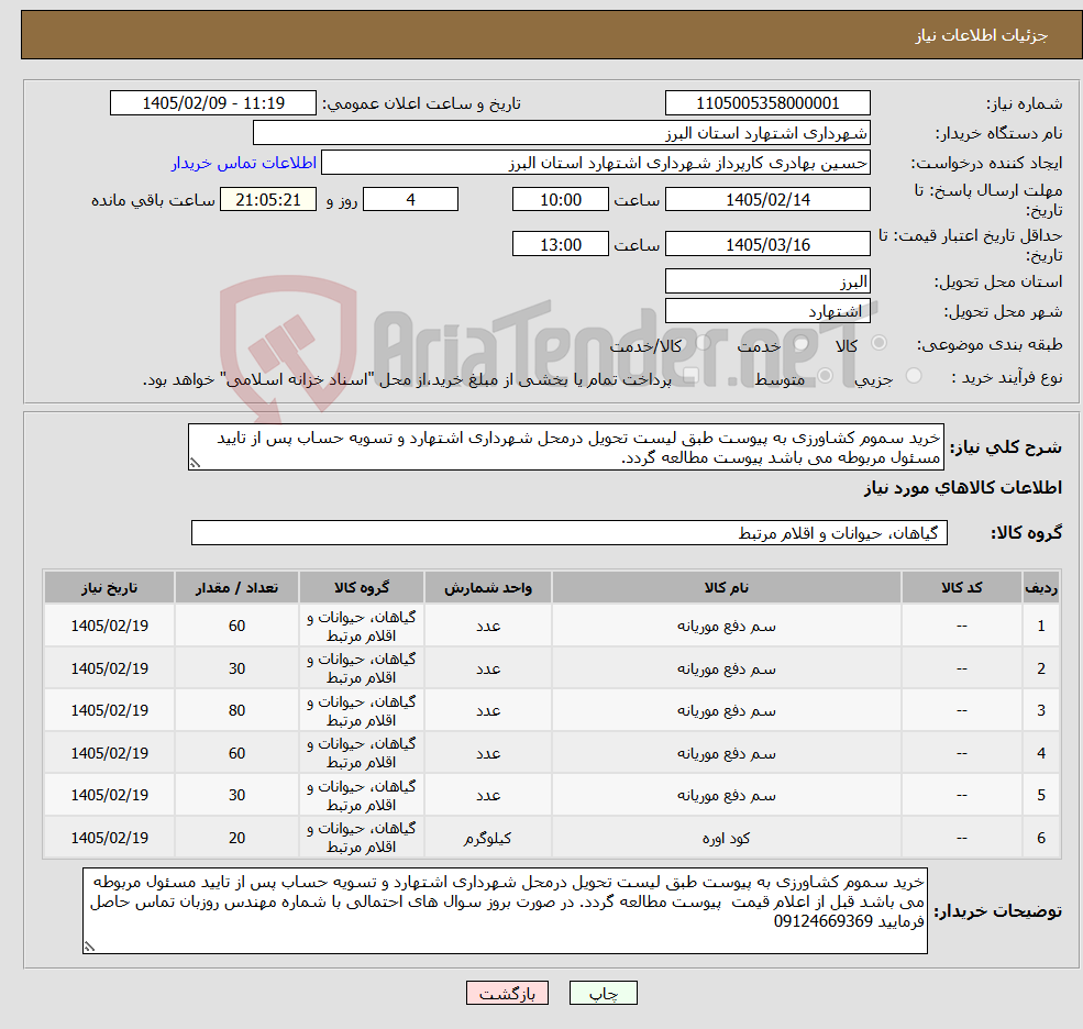 تصویر کوچک آگهی نیاز کالا-خرید سموم کشاورزی به پیوست طبق لیست تحویل درمحل شهرداری اشتهارد و تسویه حساب پس از تایید مسئول مربوطه می باشد پیوست مطالعه گردد.
