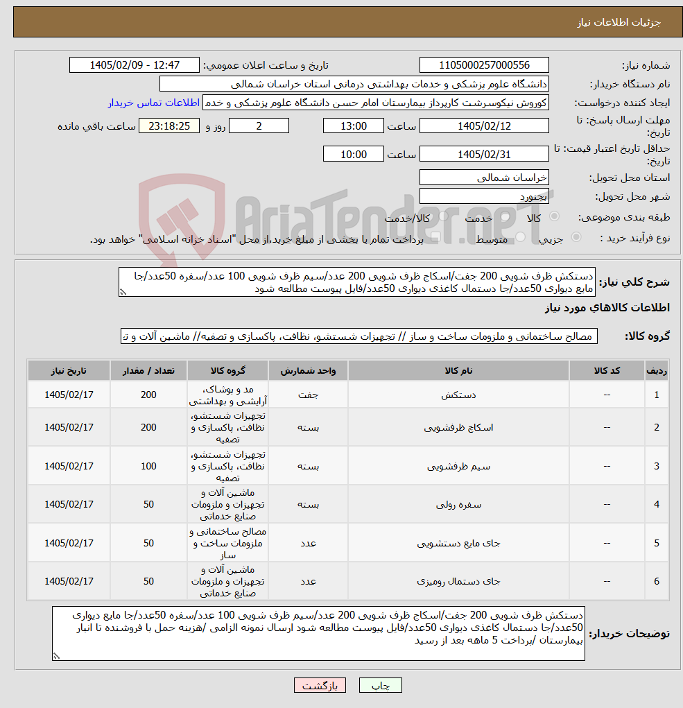 تصویر کوچک آگهی نیاز کالا-دستکش ظرف شویی 200 جفت/اسکاج ظرف شویی 200 عدد/سیم ظرف شویی 100 عدد/سفره 50عدد/جا مایع دیواری 50عدد/جا دستمال کاغذی دیواری 50عدد/فایل پیوست مطالعه شود 