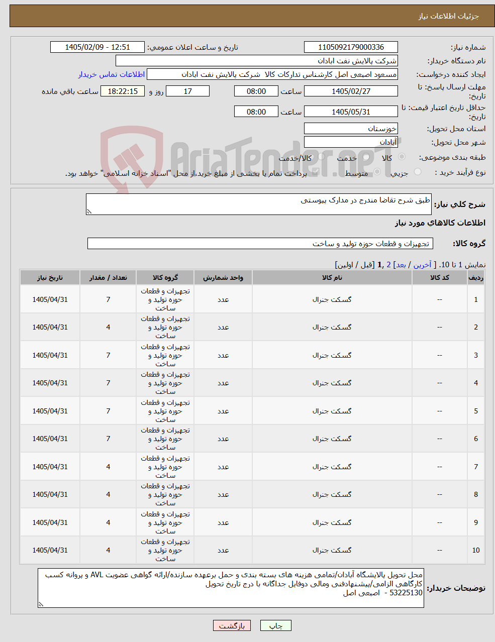 تصویر کوچک آگهی نیاز کالا-طبق شرح تقاضا مندرج در مدارک پیوستی