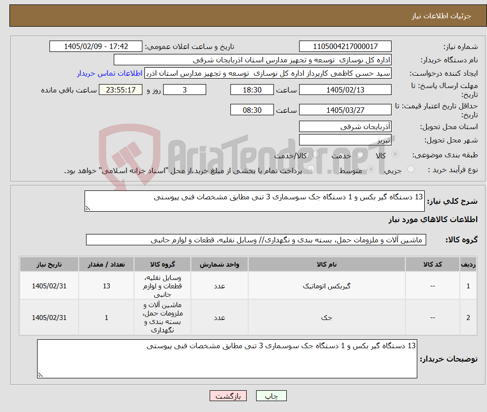 تصویر کوچک آگهی نیاز کالا-13 دستگاه گیر بکس و 1 دستگاه جک سوسماری 3 تنی مطابق مشخصات فنی پیوستی 