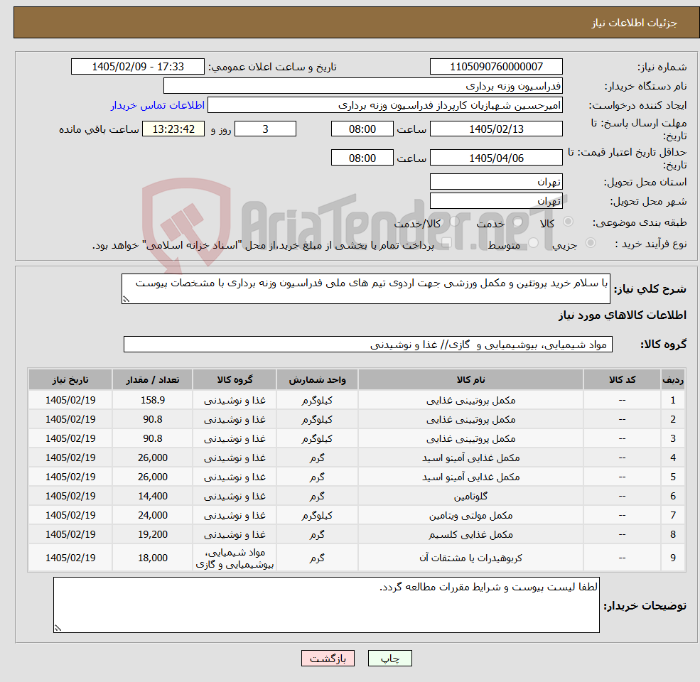 تصویر کوچک آگهی نیاز کالا-با سلام خرید پروتئین و مکمل ورزشی جهت اردوی تیم های ملی فدراسیون وزنه برداری با مشخصات پیوست