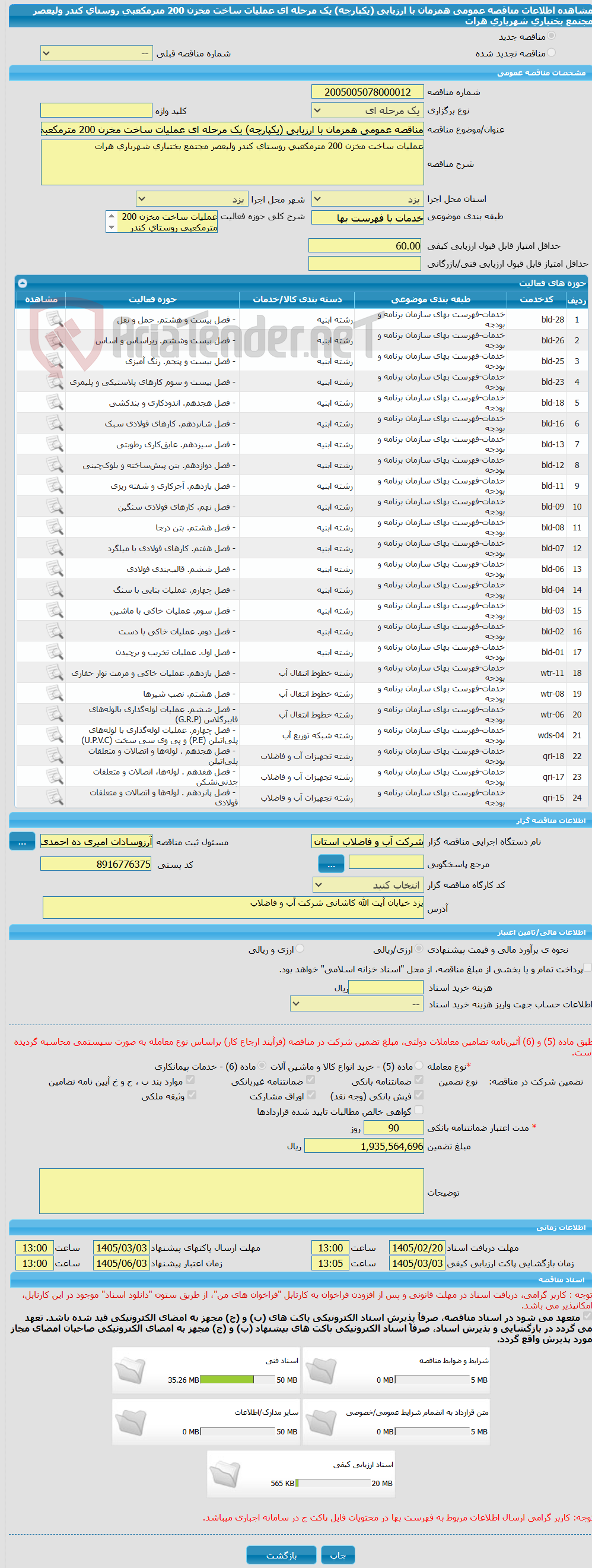 تصویر کوچک آگهی مناقصه عمومی همزمان با ارزیابی (یکپارچه) یک مرحله ای عملیات ساخت مخزن 200 مترمکعبی روستای کندر ولیعصر مجتمع بختیاری شهریاری هرات