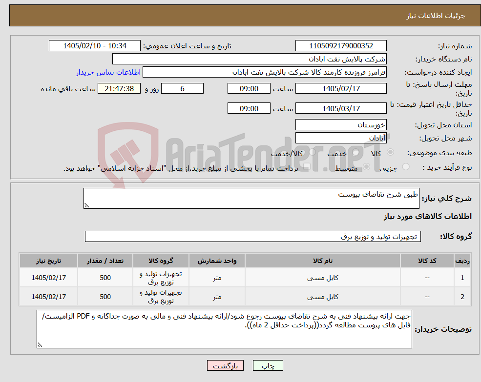 تصویر کوچک آگهی نیاز کالا-طبق شرح تقاضای پیوست