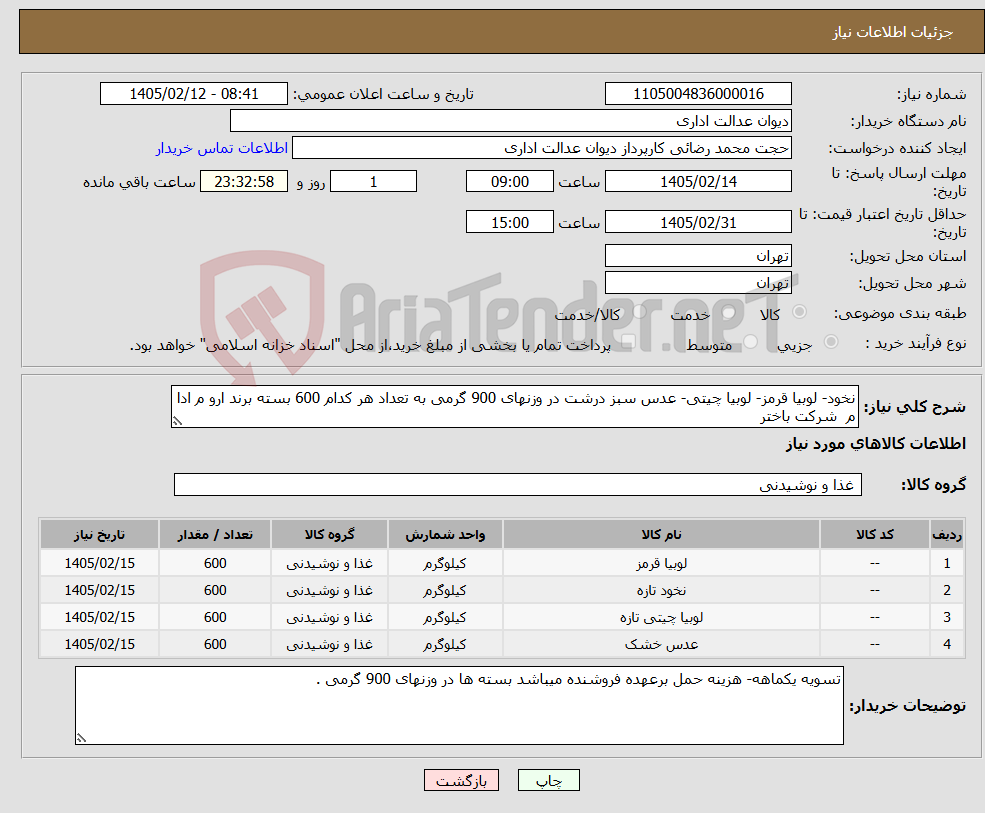 تصویر کوچک آگهی نیاز کالا-نخود- لوبیا قرمز- لوبیا چیتی- عدس سبز درشت در وزنهای 900 گرمی به تعداد هر کدام 600 بسته برند ارو م ادا م شرکت باختر