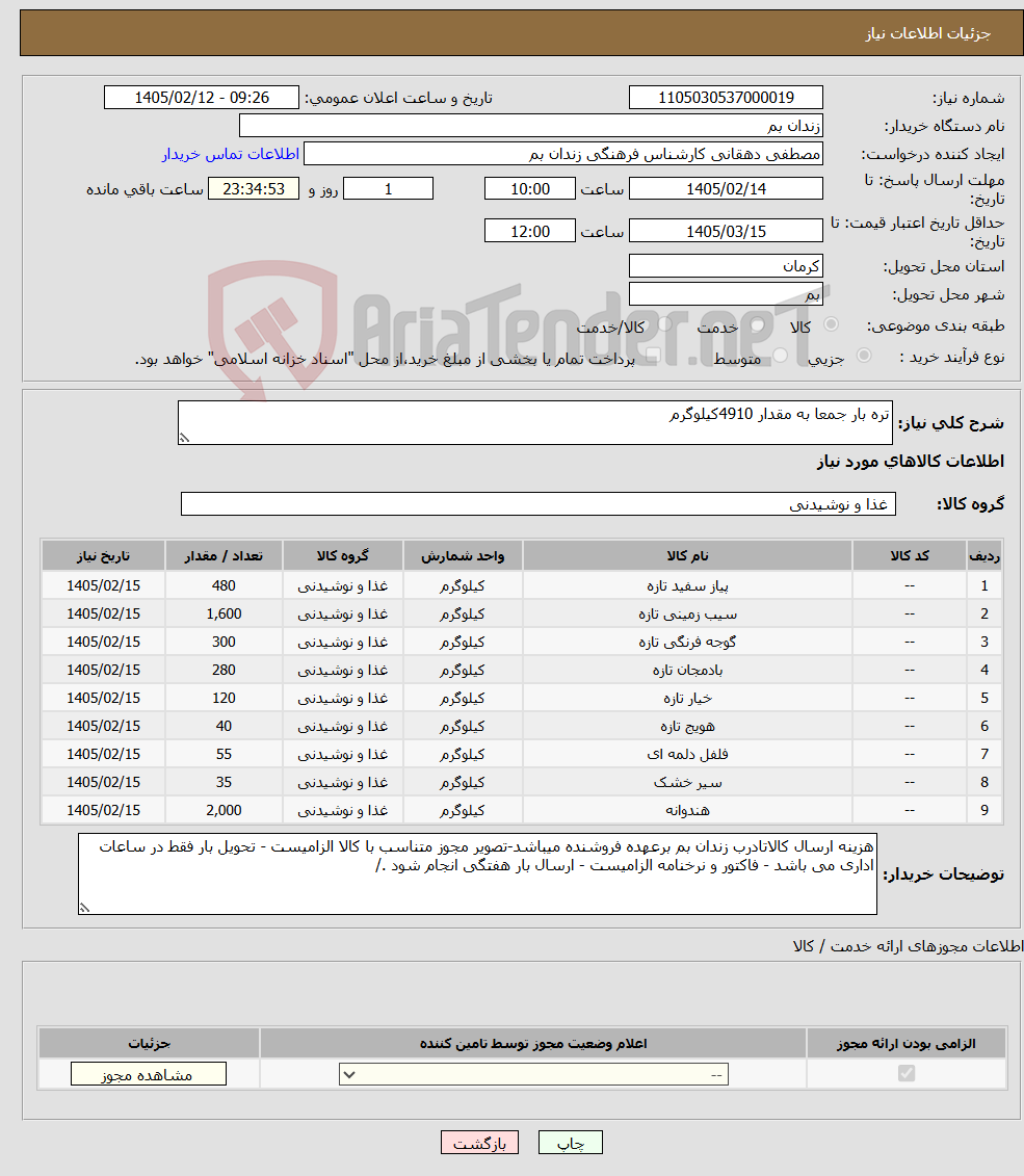 تصویر کوچک آگهی نیاز کالا-تره بار جمعا به مقدار 4910کیلوگرم