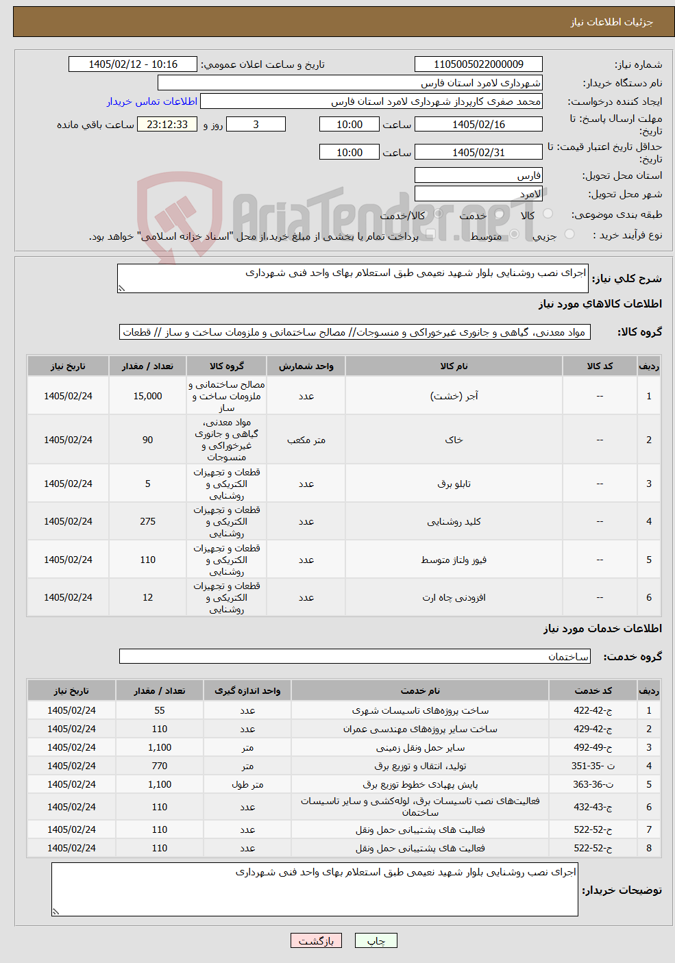 تصویر کوچک آگهی نیاز خدمت/کالا-اجرای نصب روشنایی بلوار شهید نعیمی طبق استعلام بهای واحد فنی شهرداری 