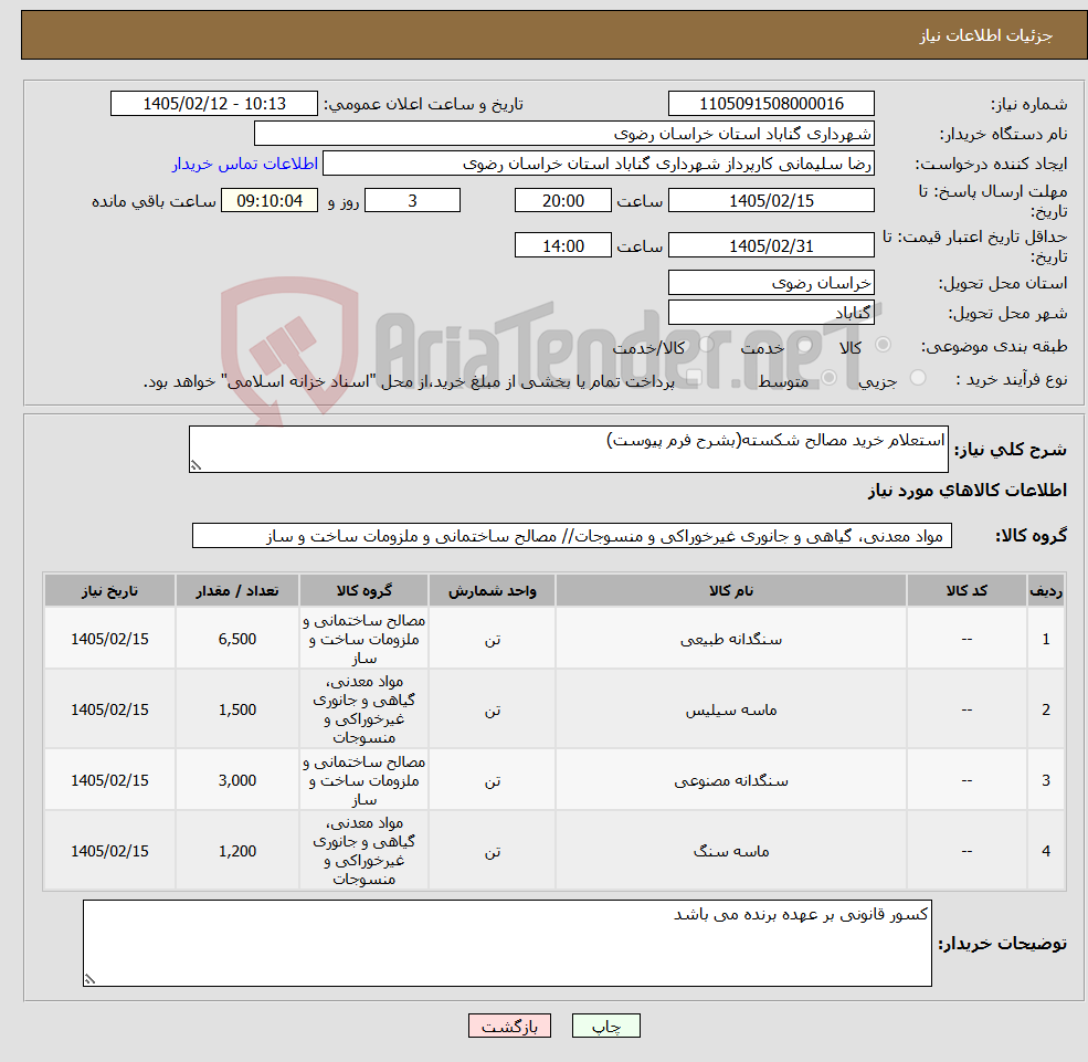 تصویر کوچک آگهی نیاز کالا-استعلام خرید مصالح شکسته(بشرح فرم پیوست)