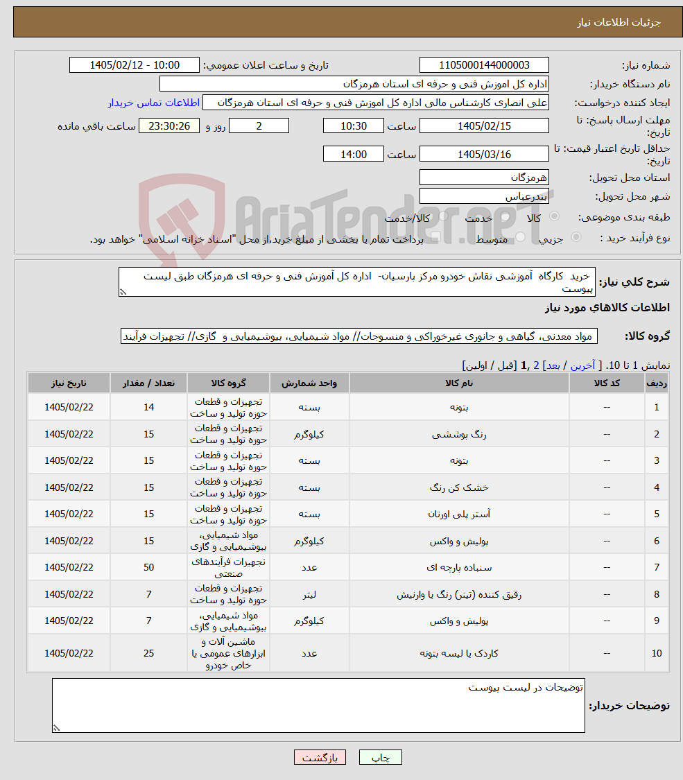 تصویر کوچک آگهی نیاز کالا- خرید کارگاه آموزشی نقاش خودرو مرکز پارسیان- اداره کل آموزش فنی و حرفه ای هرمزگان طبق لیست پیوست