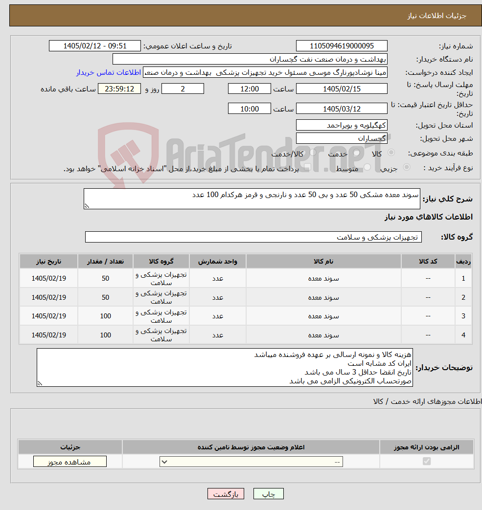 تصویر کوچک آگهی نیاز کالا-سوند معده مشکی 50 عدد و بی 50 عدد و نارنجی و قرمز هرکدام 100 عدد