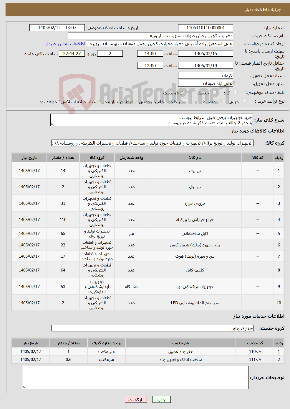 تصویر کوچک آگهی نیاز خدمت/کالا-خرید تجهیزات برقی طبق شرایط پیوست و حفر 2 چاله با مشخصات ذکر شده در پیوست