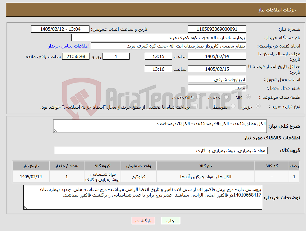 تصویر کوچک آگهی نیاز کالا-الکل مطلق15عدد- الکل96درصد15عدد- الکل70درصد4عدد