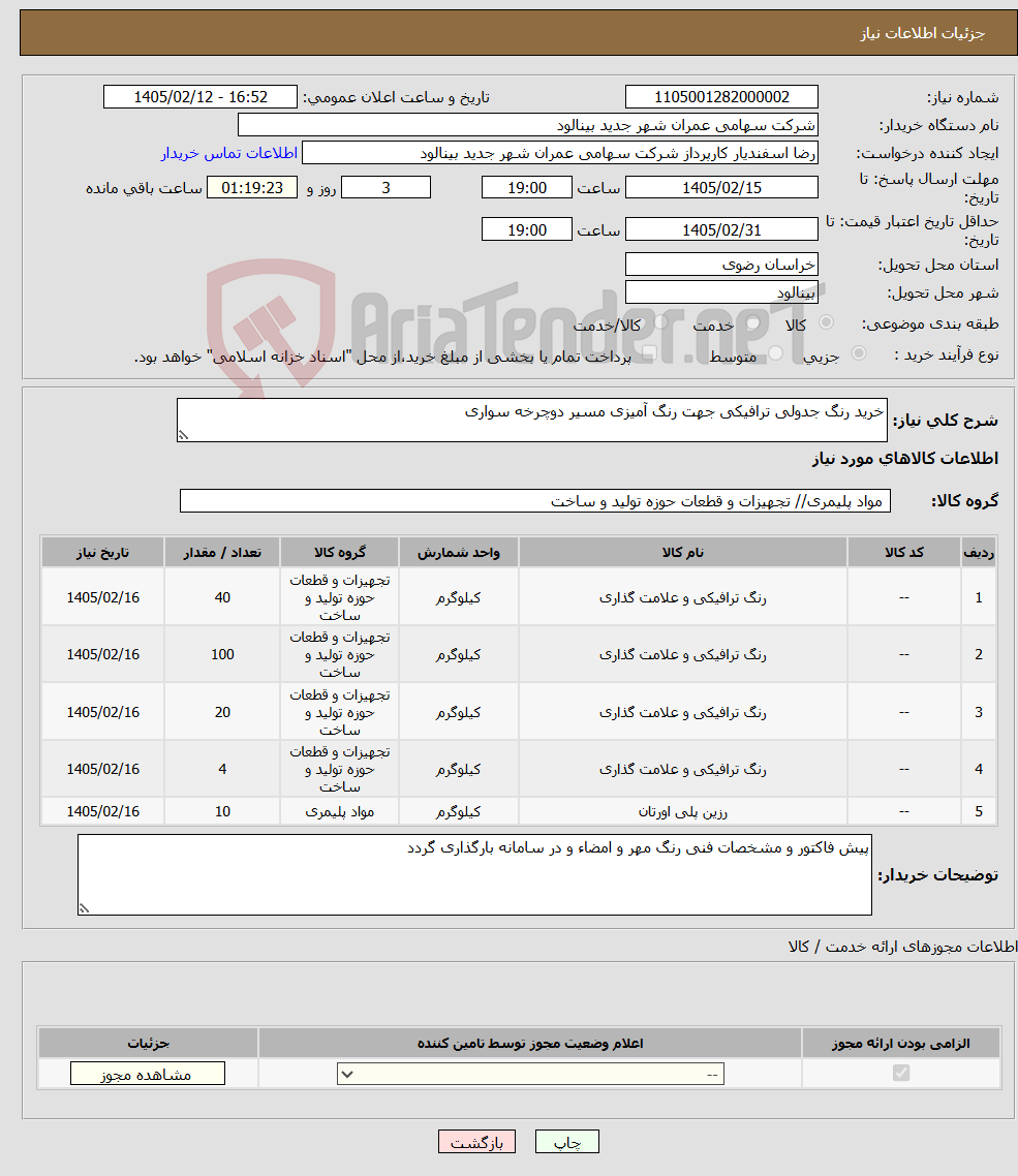 تصویر کوچک آگهی نیاز کالا-خرید رنگ جدولی ترافیکی جهت رنگ آمیزی مسیر دوچرخه سواری
