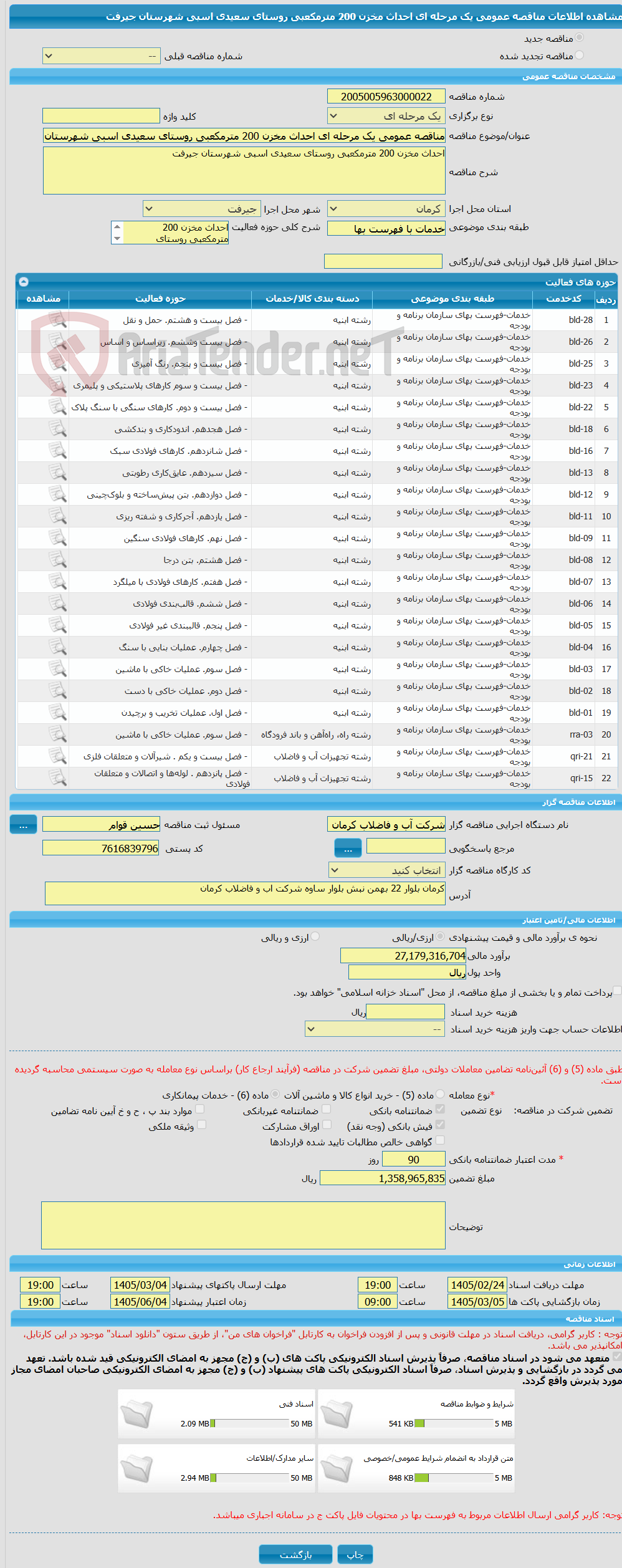 تصویر کوچک آگهی مناقصه عمومی یک مرحله ای احداث مخزن 200 مترمکعبی روستای سعیدی اسبی شهرستان جیرفت