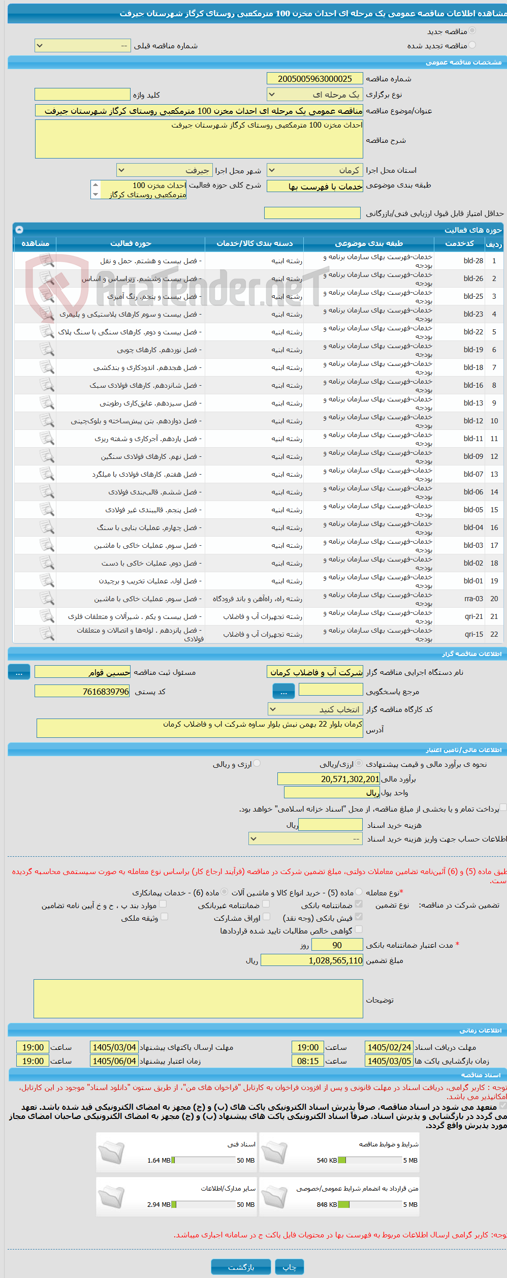 تصویر کوچک آگهی مناقصه عمومی یک مرحله ای احداث مخزن 100 مترمکعبی روستای کرگاز شهرستان جیرفت