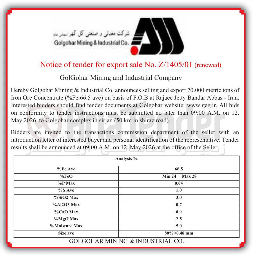 تصویر کوچک آگهی of tons metric 70.000 export and selling announces ave) (%Fe:66.5 Concentrate Ore Iron