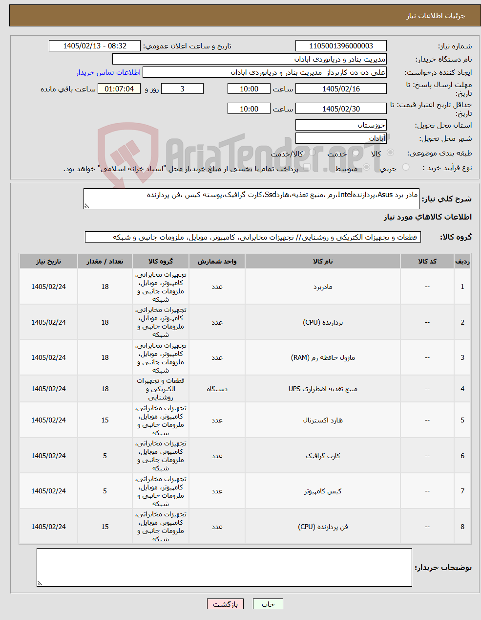 تصویر کوچک آگهی نیاز کالا-مادر برد Asus،پردازندهIntel،رم ،منبع تغذیه،هاردSsd،کارت گرافیک،پوسته کیس ،فن پردازنده