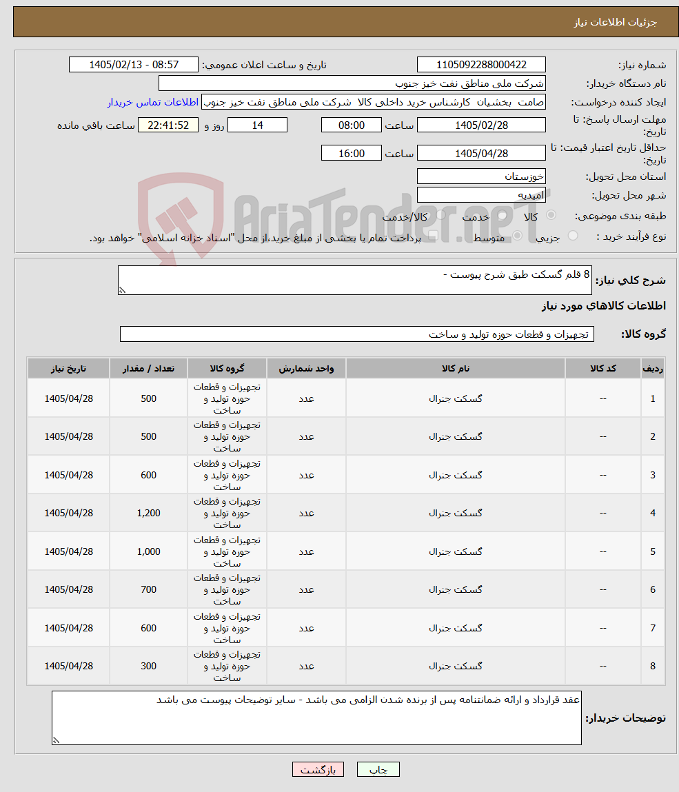 تصویر کوچک آگهی نیاز کالا-8 قلم گسکت طبق شرح پیوست - 