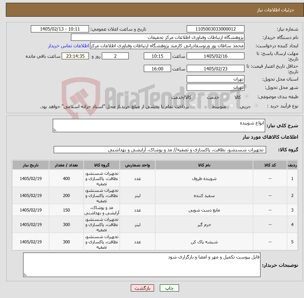 تصویر کوچک آگهی نیاز کالا-انواع شوینده