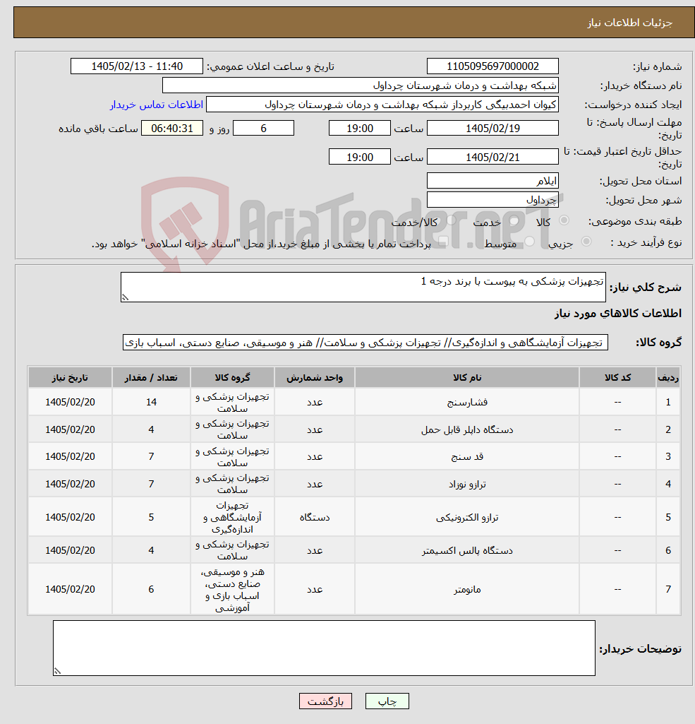 تصویر کوچک آگهی نیاز کالا-تجهیزات پزشکی به پیوست با برند درجه 1