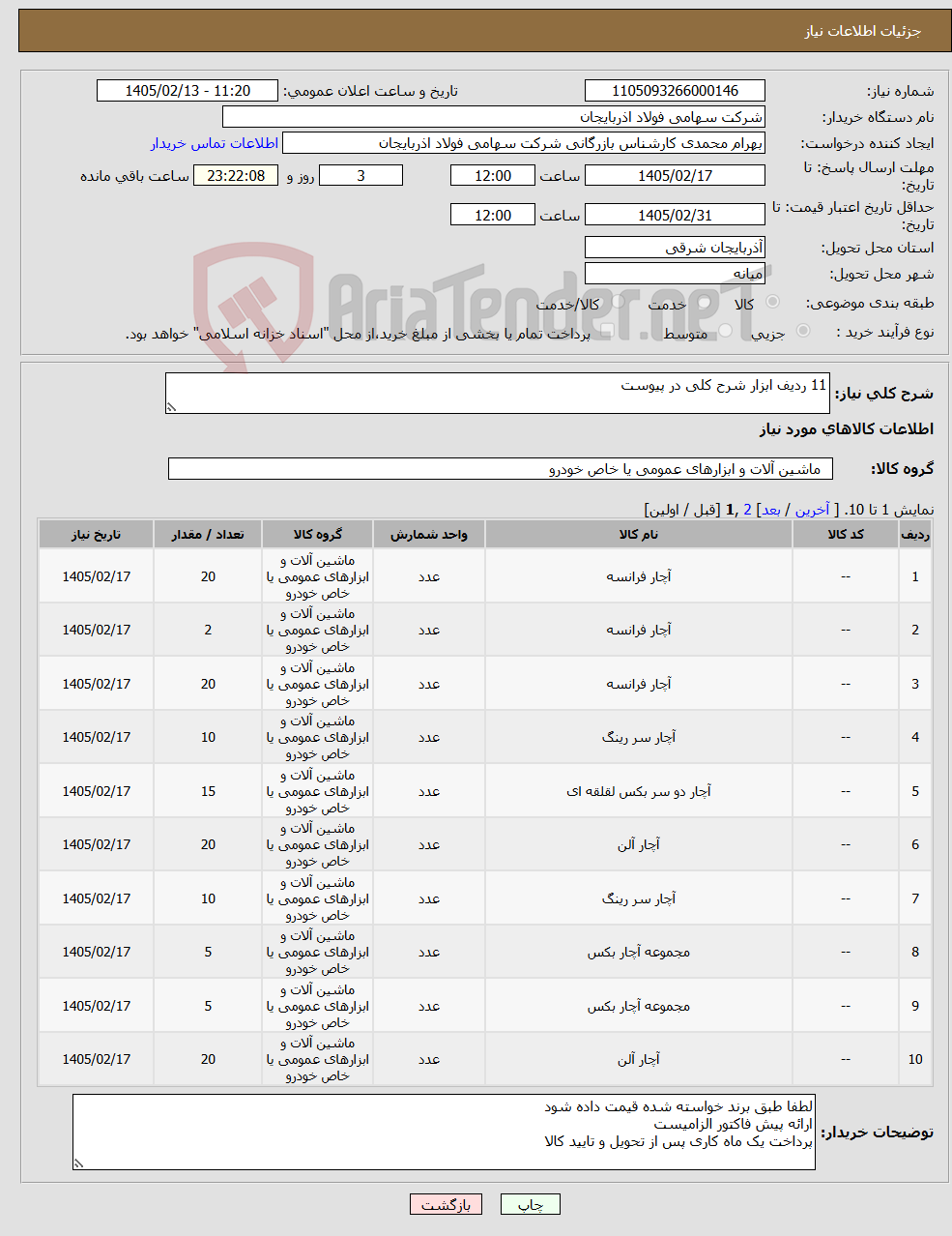 تصویر کوچک آگهی نیاز کالا-11 ردیف ابزار شرح کلی در پیوست